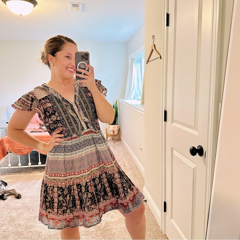 Sea New York Black Purple Green Cotton Printed Mini Dress Large